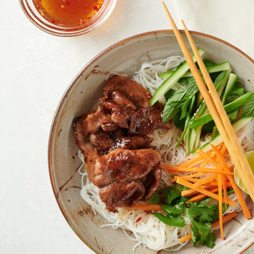 vietnamese noodle salad bowl close up from above.