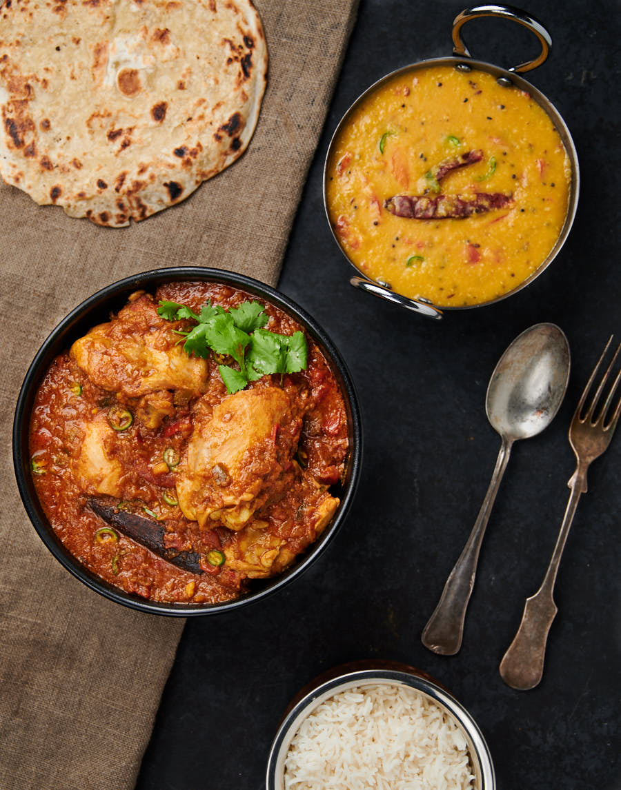 Homestyle simple chicken curry and dal from above.