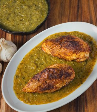 Chicken with tomatillo sauce is a bright, mexican inspired dish that pairs well with pureed pinto beans. It can also be shredded for tacos or burritos.