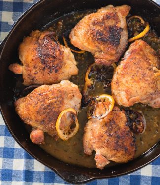 Lemon thyme and chicken thighs come together beautifully in a simple pan roasted dish perfect for a special weeknight dinner.