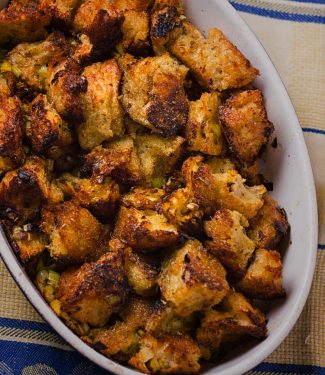 This turkey dressing is based on the famous Zuni Cafe bread salad recipe. It using the same technique but is seasoning is all holiday turkey.