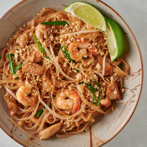 Easy pad thai in a bowl from above.