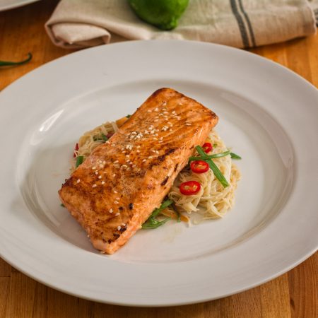 Salmon with rice noodle salad makes a great weeknight meal.