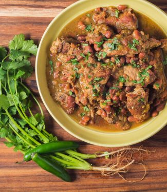 Braised pork with tomatillos and pinto bean chili