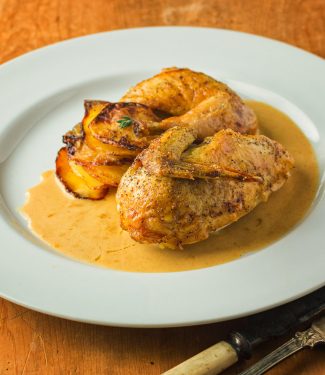 Cornish hen with mustard cream sauce is easy enough for a weeknight meal.