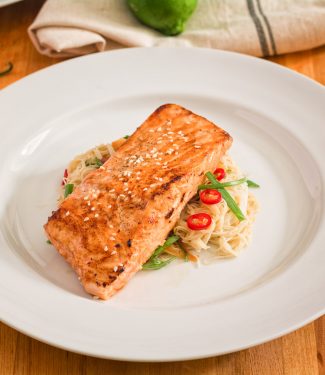 Salmon with rice noodle salad makes a great weeknight meal.