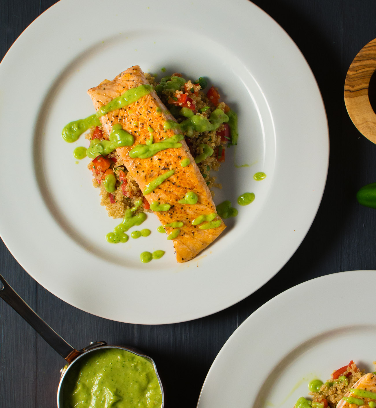 salmon with quinoa salad and avocado salsa