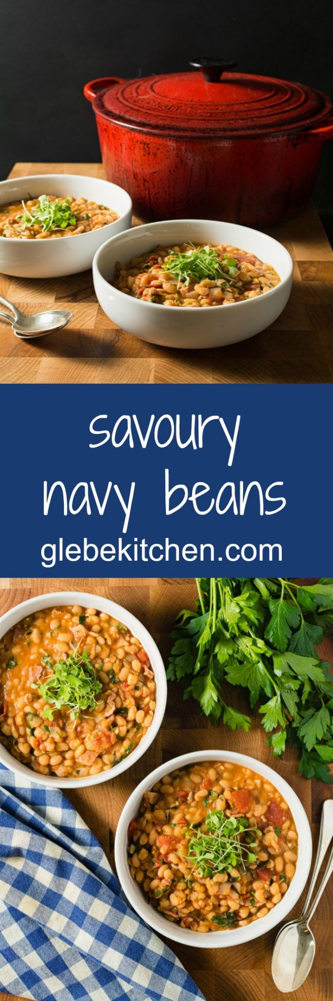 Rosemary, thyme, parsley, onion and garlic all come together in this warming and deeply satisfying savory navy bean stew.