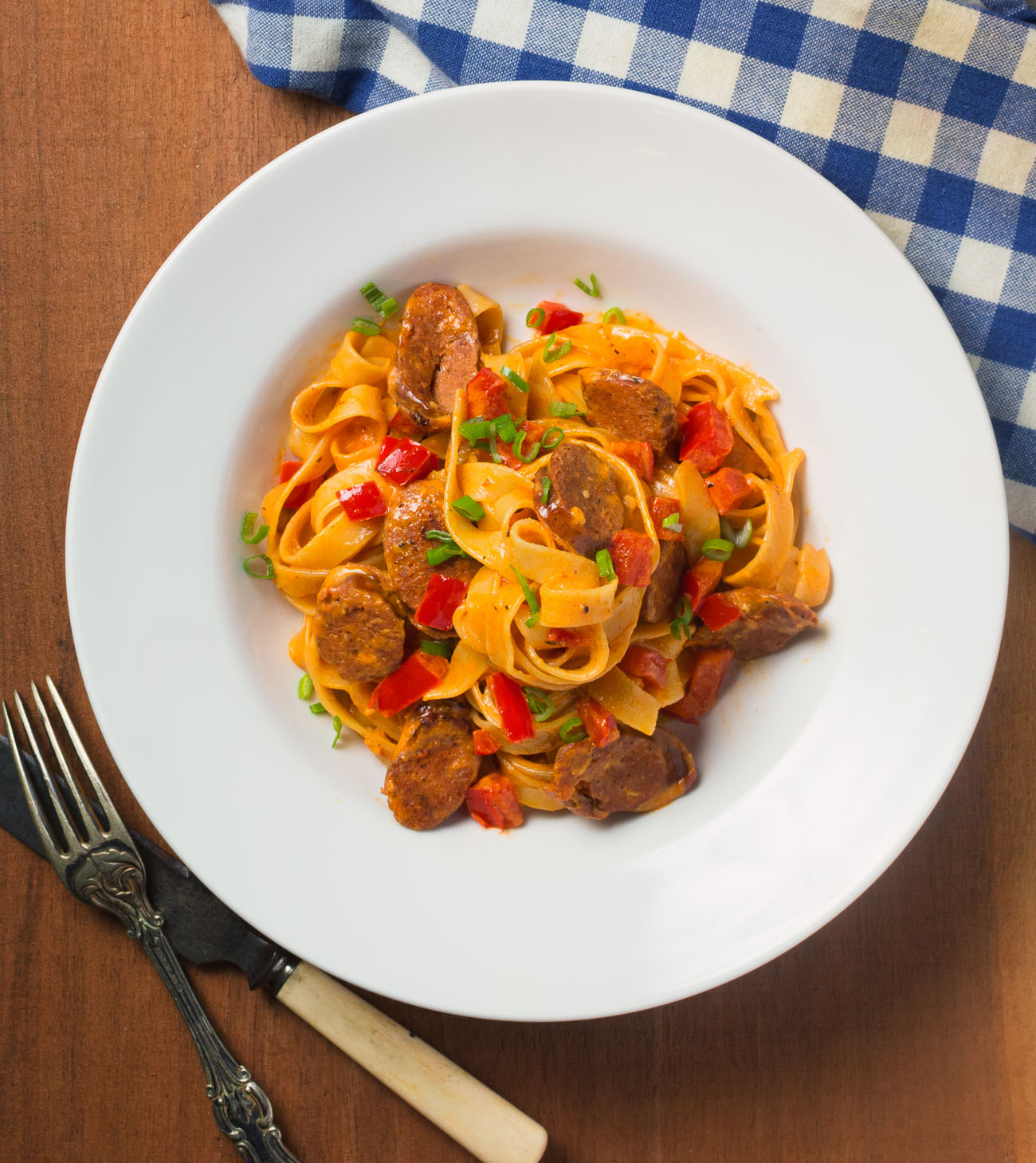 Fettuccine with andouille creole cream sauce. Ready in 20 minutes.