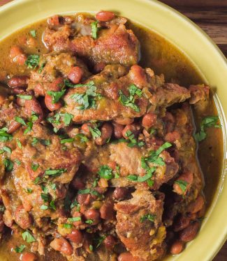 Braised pork with tomatillos and pinto bean chili