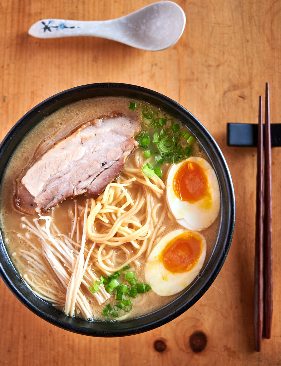 Bowlful of tonkotsu ramen with Momofuku pork belly from above.