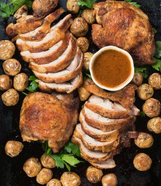 Roast turkey with chipotle gravy is a great weeknight twist on that holiday classic.