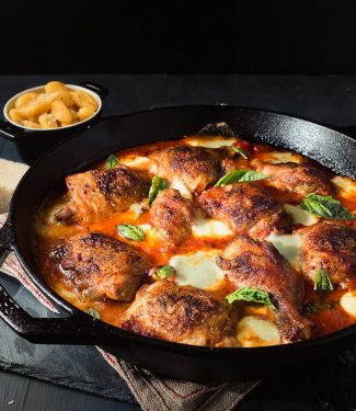 Skillet chicken with mozzarella and tomato will become a family favourite.