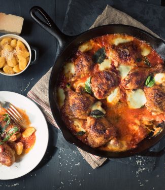 Skillet chicken with mozzarella and tomato will become a family favourite.