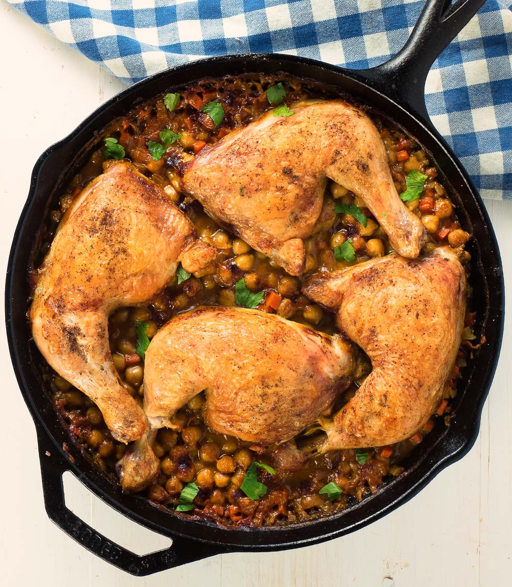 Moroccan chicken and chickpeas is a delicious, one skillet meal that comes together in an hour.