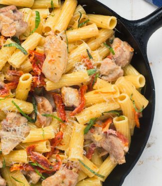 Penne with sun-dried tomato cream sauce in 30 minutes.