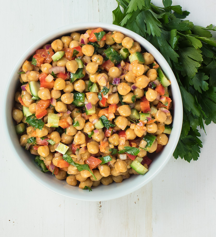 Chickpea salad with sun-dried tomato vinaigrette is the perfect summer side dish.