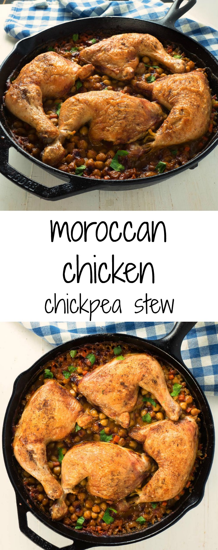 Moroccan chicken and chickpeas is a delicious, one skillet meal that comes together in an hour.