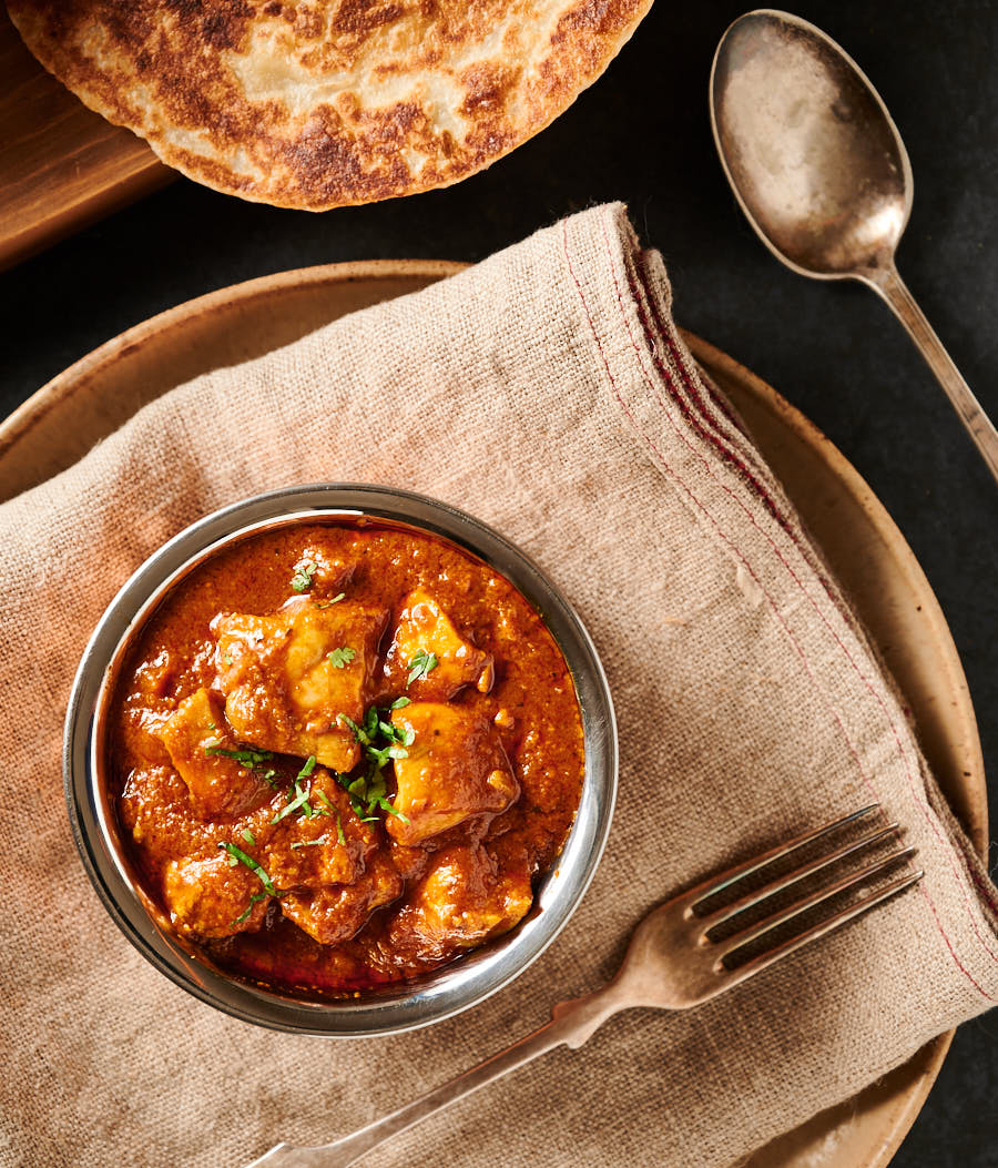 Indian bowl of restaurant style pathia curry from above.