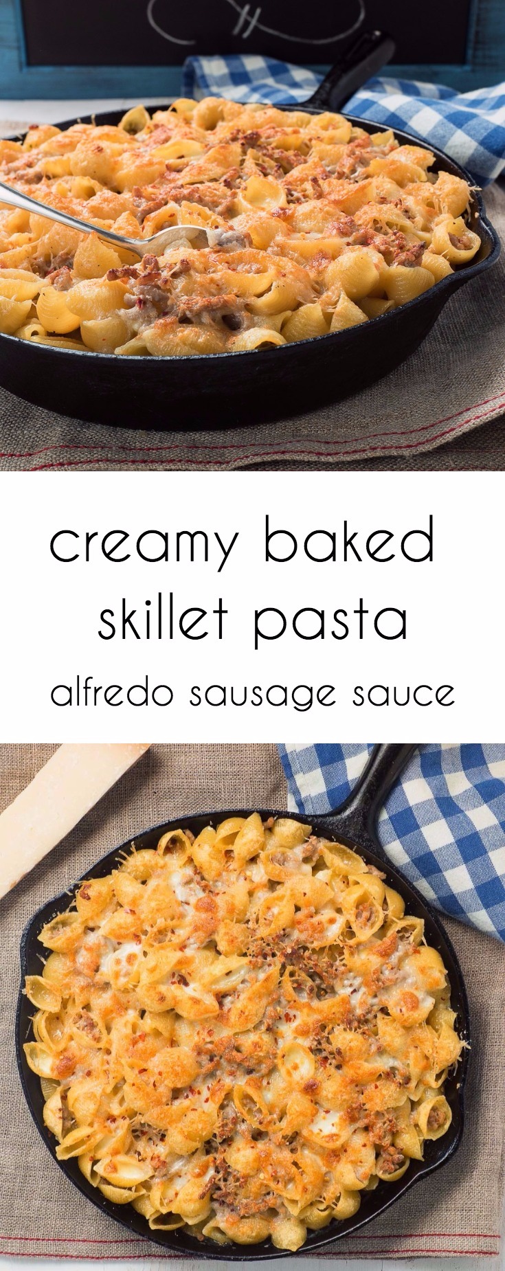 Baked pasta with sausage alfredo sauce is an easy way to get your pasta al forno fix.