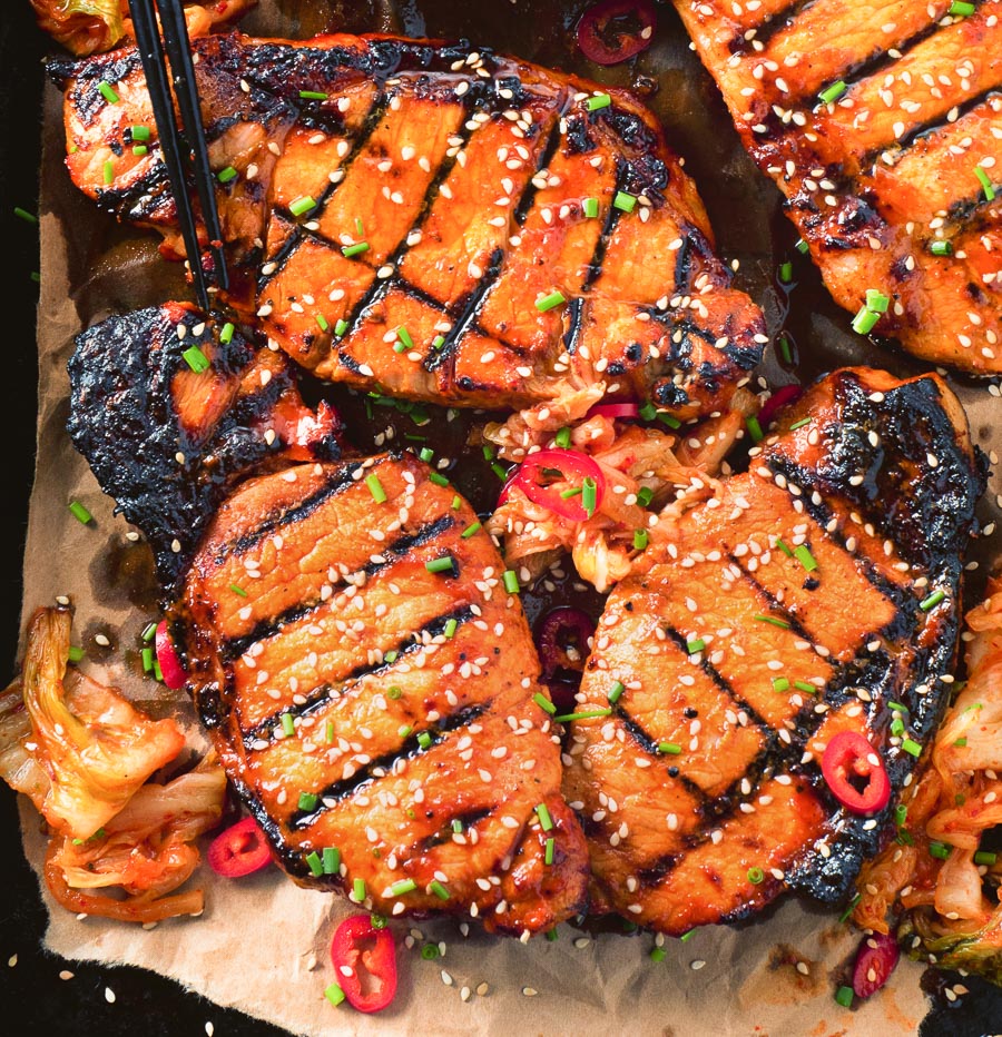 Gochujang is the secret ingredient in these Korean style pork chops.