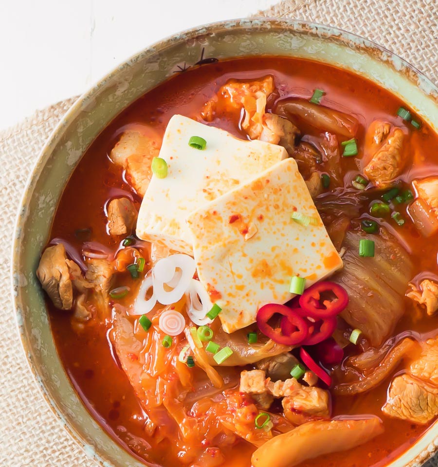 kimchi jjigae with tofu and pork from above.