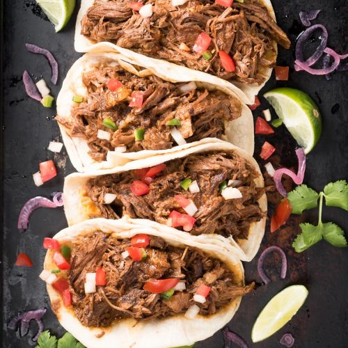 Row of beef barbacoa tacos with pico di gallo from above.