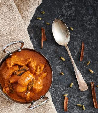 Shahi chicken korma table scene from above.