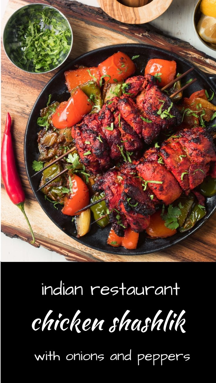 Indian restaurant chicken shashlik. Tandoori chicken with peppers and onions. 