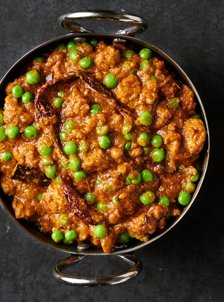 Bowl of keema matar from above