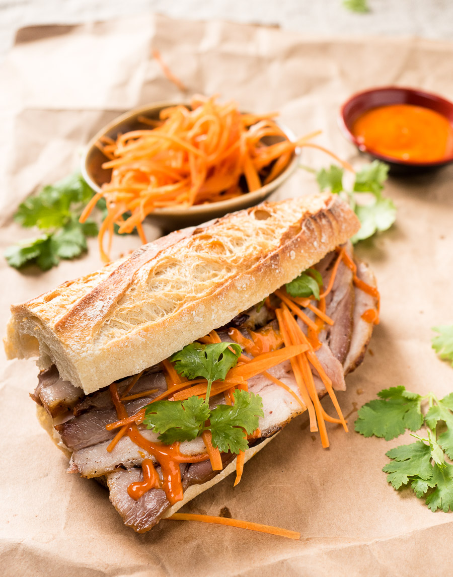 Pork belly banh mi with Gochujang mayo from the front