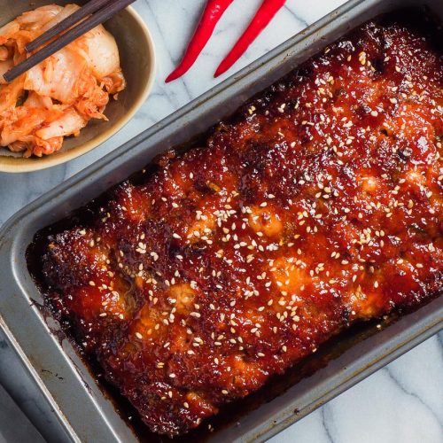 Korean meatloaf with gochugang glaze in pan from above.