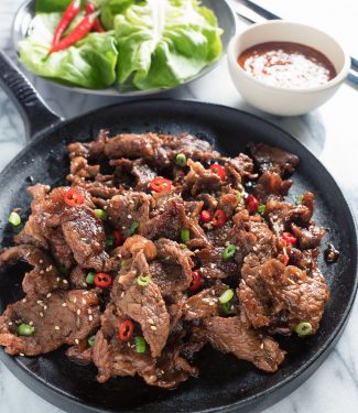 Easy Korean beef bulgogi on a black skillet