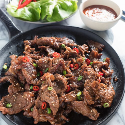 Easy Korean beef bulgogi on a black skillet