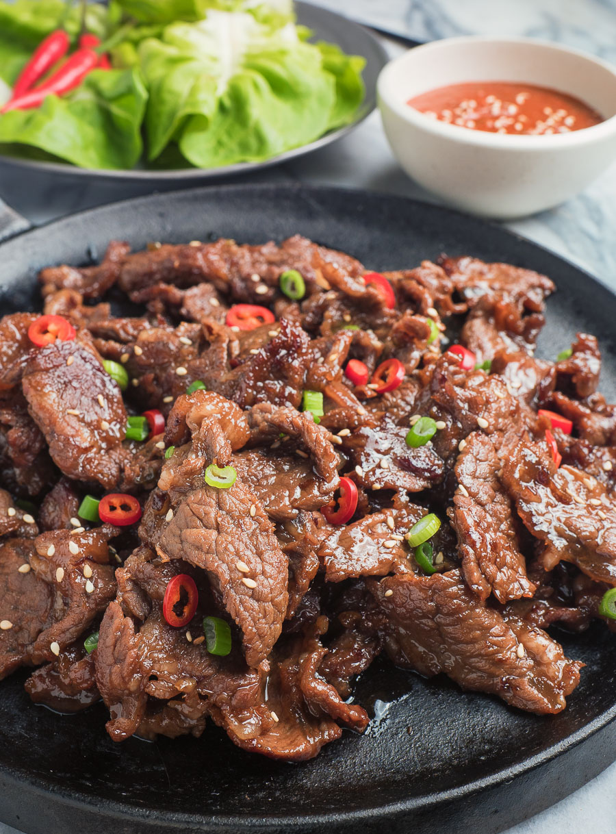 Easy Korean beef bulgogi on a black skillet