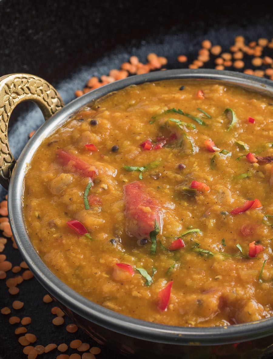 Close up of bengali masoor dal.