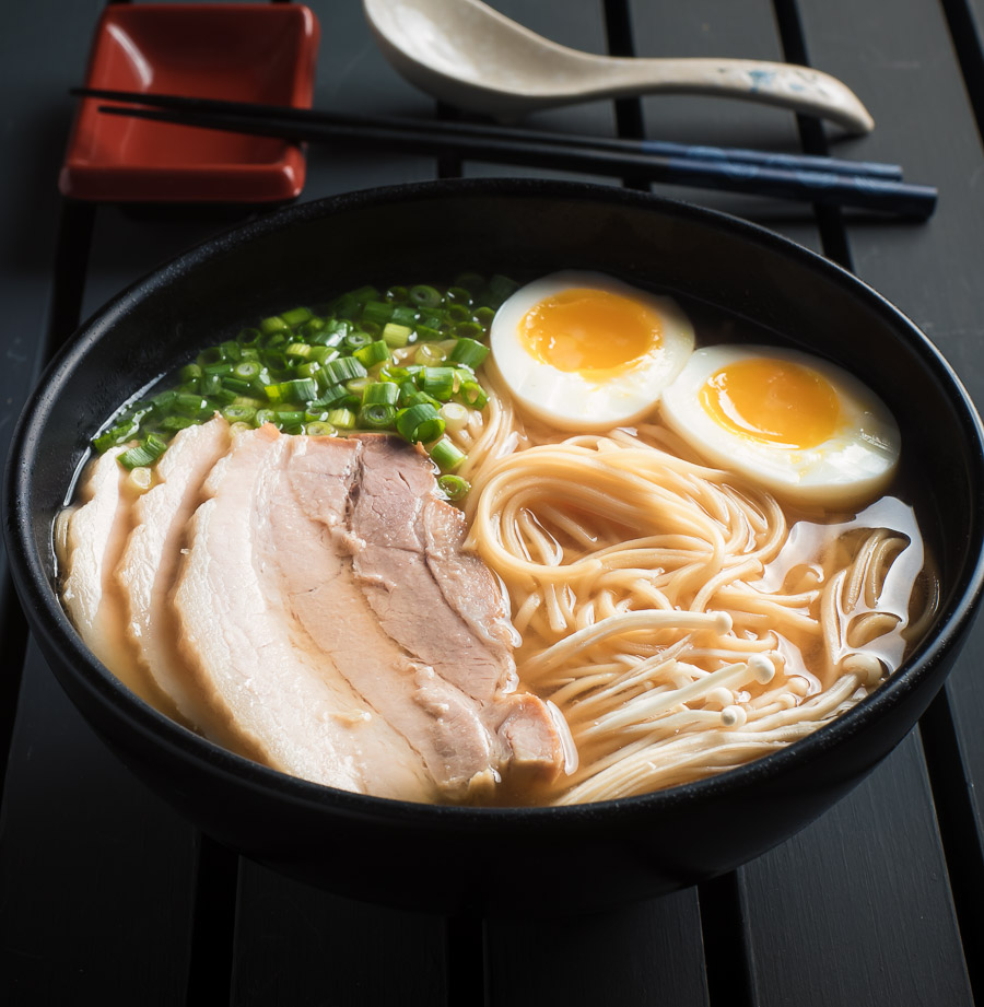 Miso ramen with chashu pork and medium boiled egg.