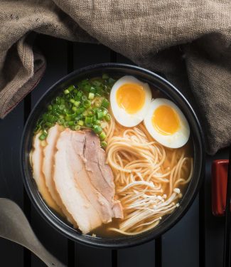 Miso ramen with chashu pork and medium boiled egg.