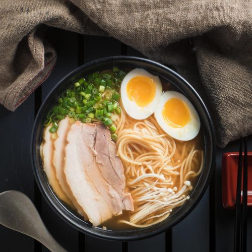 Miso ramen with chashu pork and medium boiled egg.