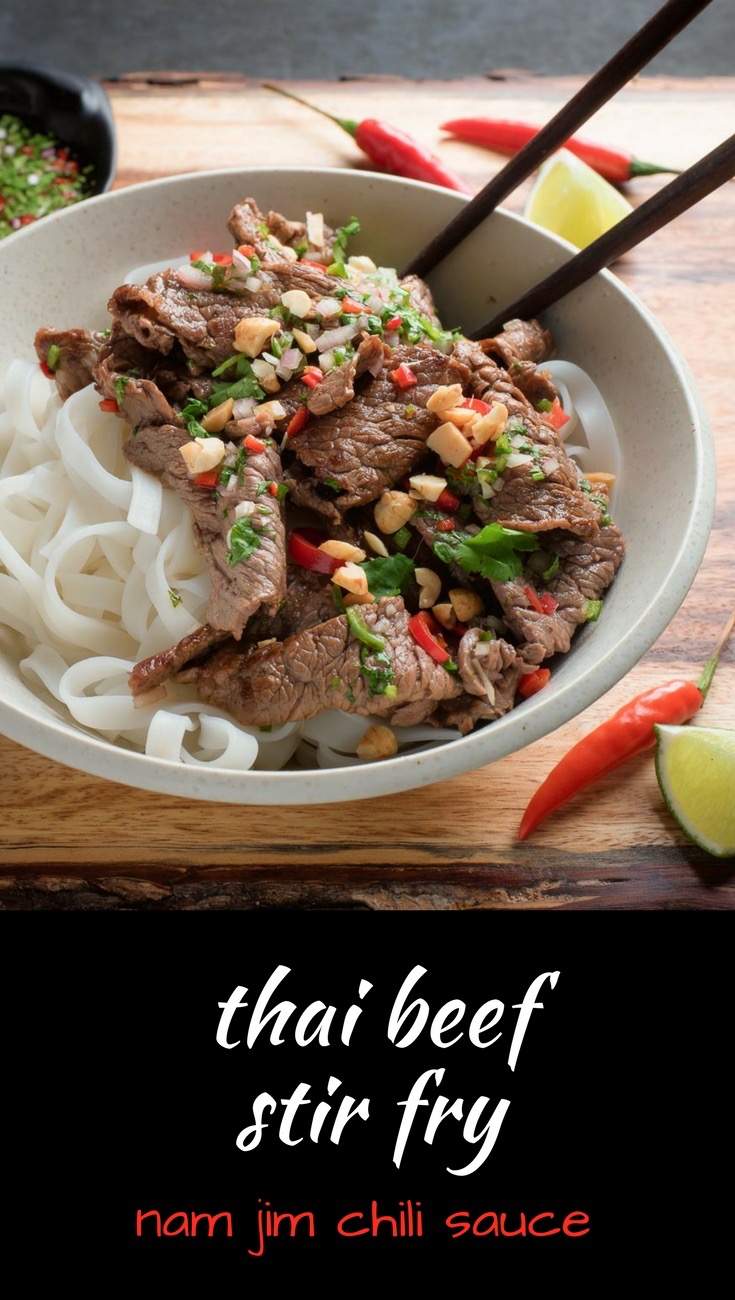 This Thai beef stir fry with nam jim dipping sauce is sure to be a crowd pleaser.