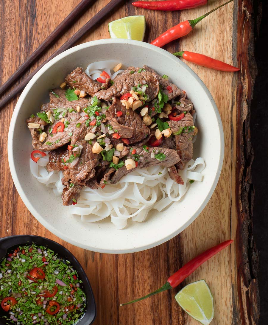 Thai beef stir fry with peanut and cilantro garnish from above