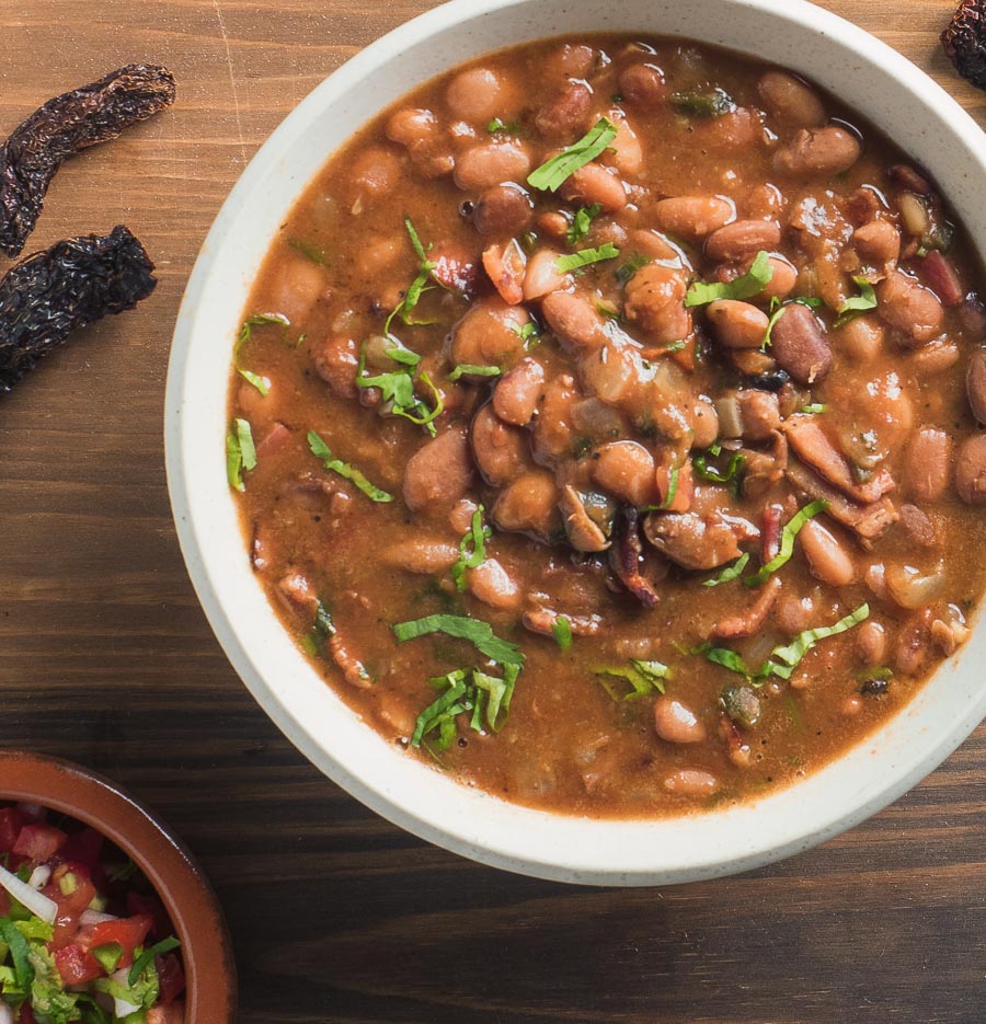 Close up of charro beans from above.