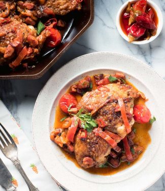 Calabrian chicken and chorizo on a plate.