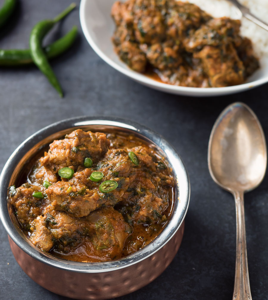 Lamb saag in a copper bowl.