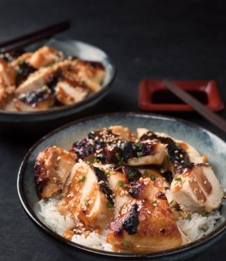 Miso chicken with ginger and maple in a bowl with chopsticks