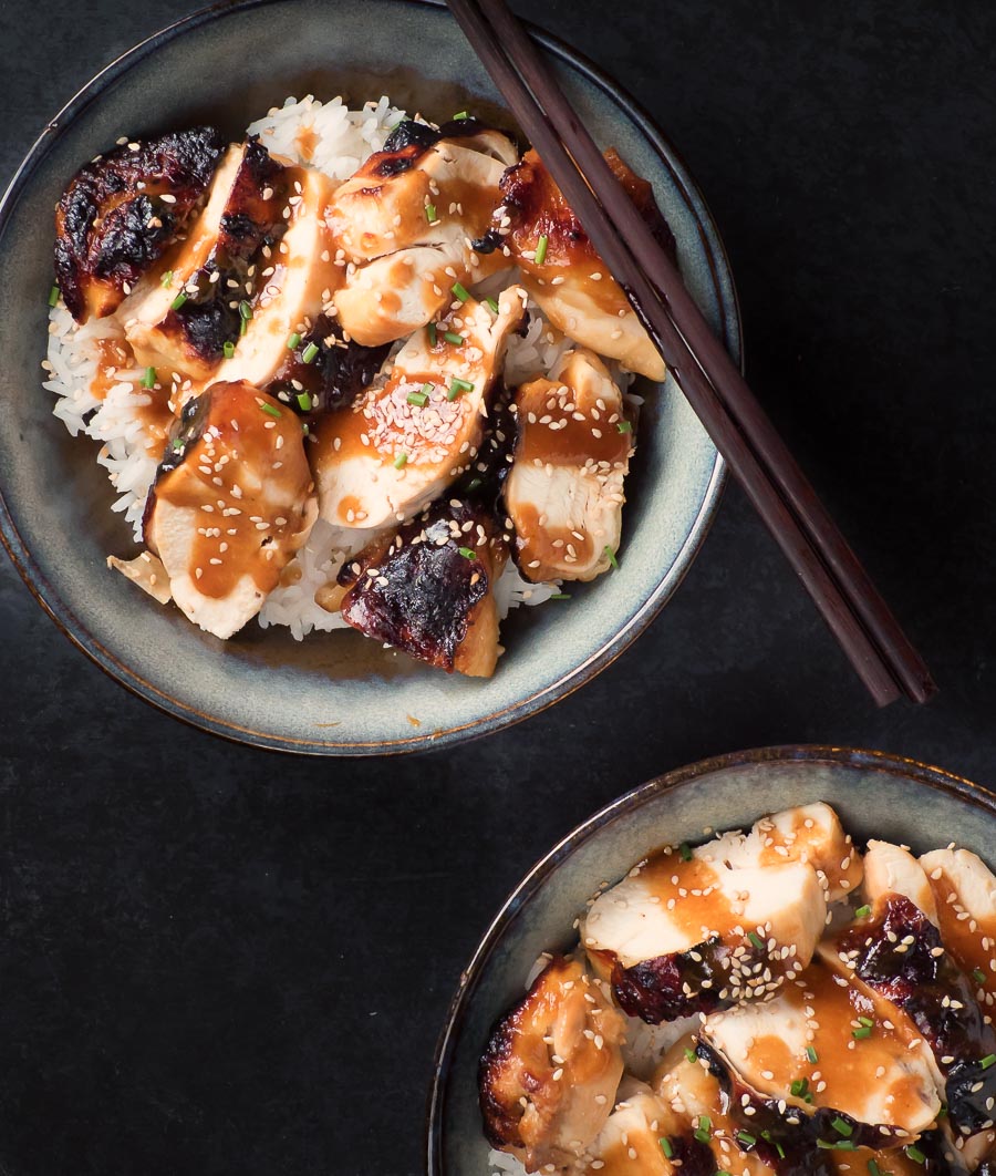 miso chicken with ginger and maple in a bowl from above.