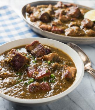 Chili verde in a white bowl