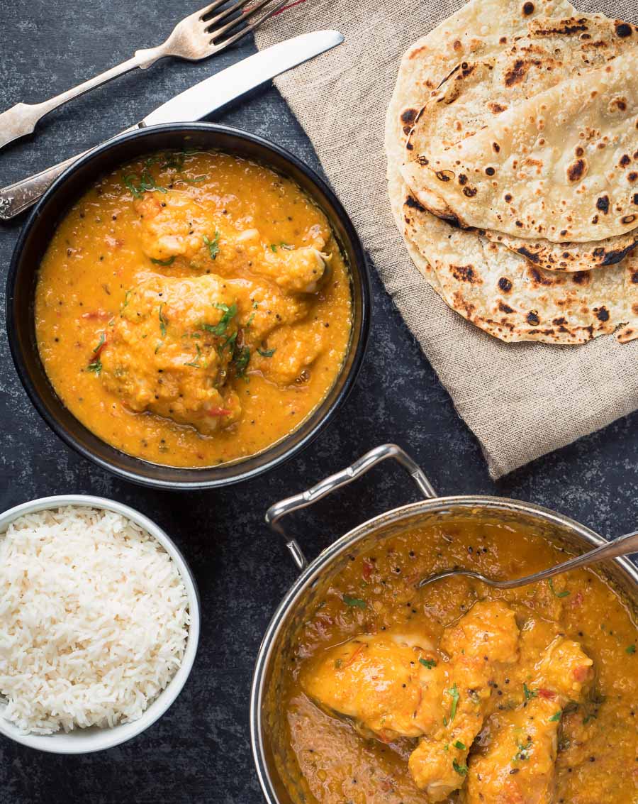 chicken dhansak from above with rice and parathas.