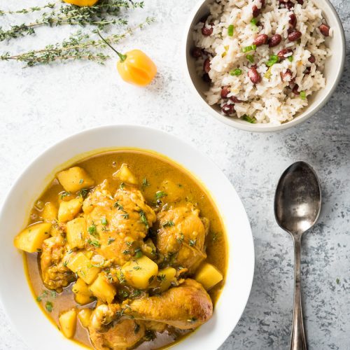 Bowl of Jamaican curry chicken from above.