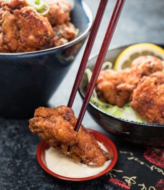 Karaage chicken dipped in Japanese kewpie mayonnaise.